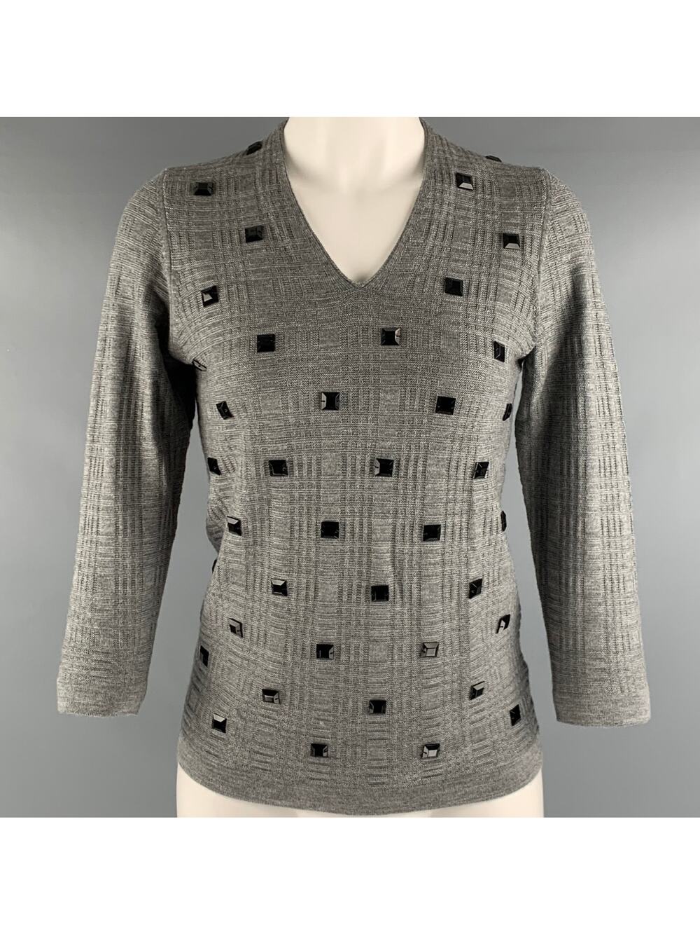 MARLOWE Size S Grey Black Cashmere Silk Beaded V Neck Casual Top